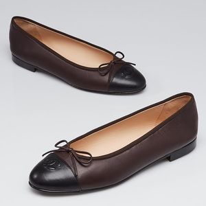 CHANEL Brown/Black Cap Toe CC Flats 41